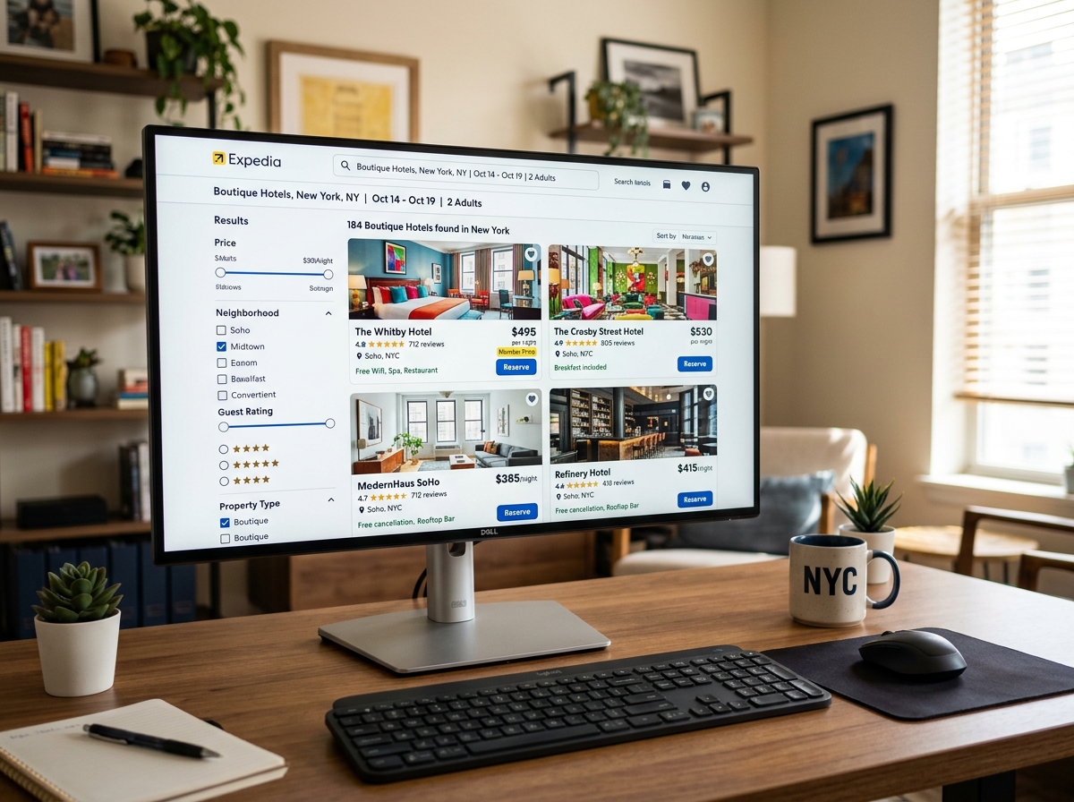 Expedia search results page showing hotel listings where optimized properties appear above competitors