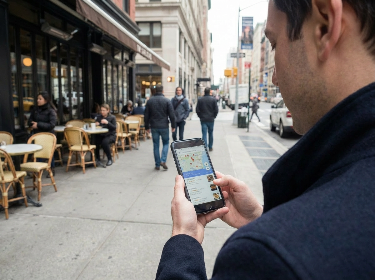 Person searching for restaurants on Google Maps mobile showing local search results with ratings and photos