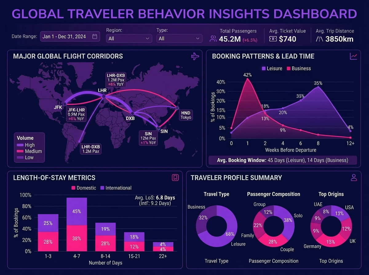Analytics dashboard showing traveler booking patterns and flight corridor data used for targeted hotel advertising