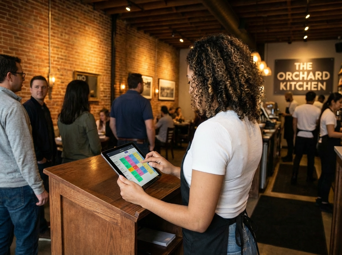 Restaurant host stand with digital reservation system showing frictionless booking technology for restaurants